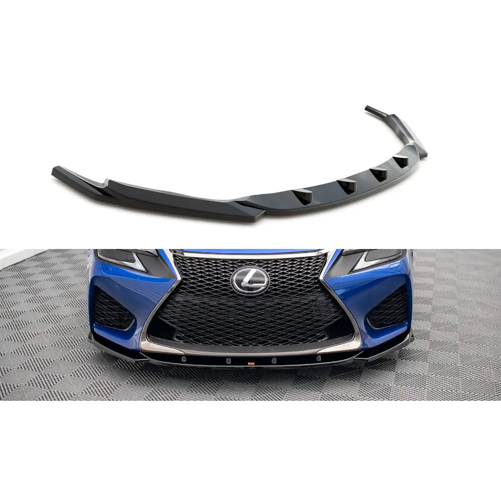 Frontspoiler til Lexus GS F Mk4 Facelift V2 i sort plast montert på blå bil sett forfra.