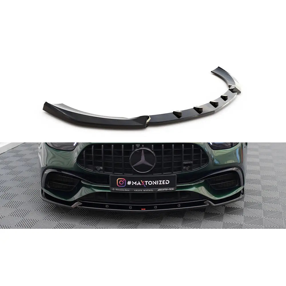 Frontspoiler Mercedes E63 W213 Facelift V2 i sort glanset materiale montert på sportslig bilfront.
