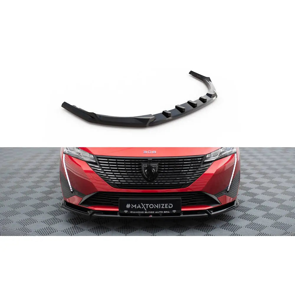 Frontspoiler Peugeot 308 Mk3 V2 i sort plast, montert på rød bil, sett skrått ovenfra.