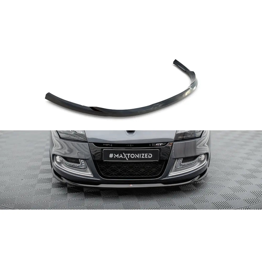 Frontspoiler Renault Megane GT Mk3 Facelift V2 i sort blank plast, vist montert og alene mot hvit bakgrunn.