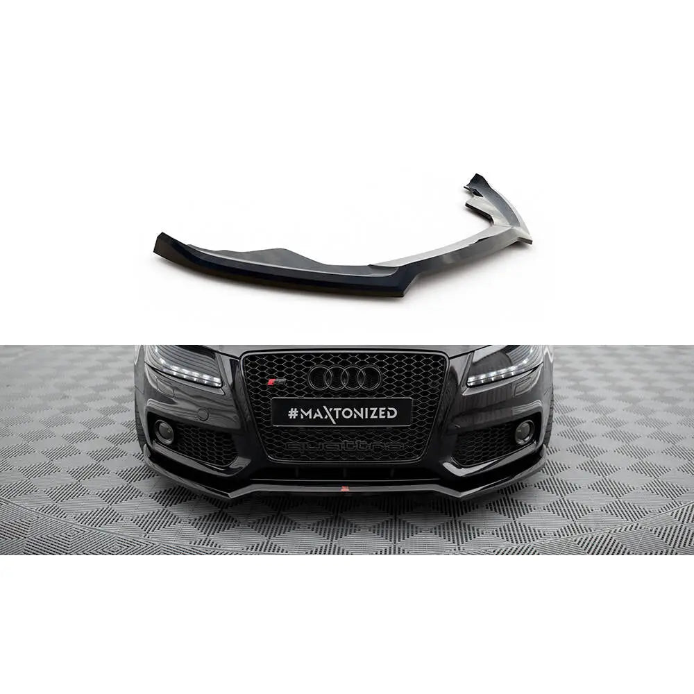 Frontspoiler Audi S5 / A5 S-Line 8T V3 i svart plast, vist separat og montert på bil forfra.