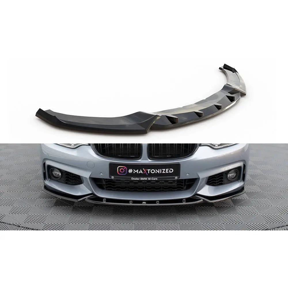 Frontspoiler BMW 4 F32 Coupe M-Pack V3 i sort plast med aerodynamiske vinkler, montert på lysegrå bil.
