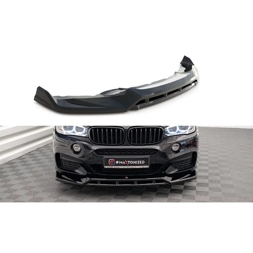 Frontspoiler BMW X6 F16 M-Pack V3 i sort plast montert på bil, sett fra skrå vinkel med sporty design.