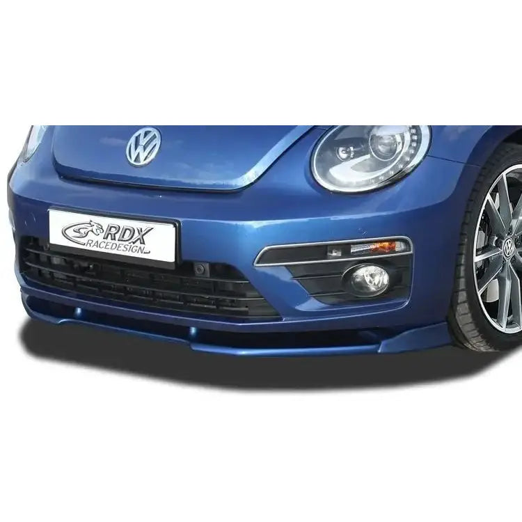 Frontspoiler Volkswagen Beetle 12- R-Line/GSR i blått, nærbilde av støtfanger, grill og venstre frontlykt.