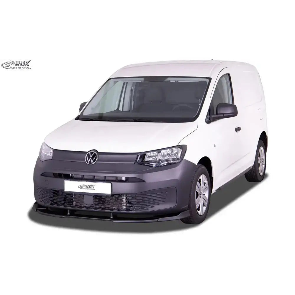 Frontleppe på Volkswagen Caddy SK/SKN 20- hvit varebil med mørk grå frontfanger og RDX-logo.