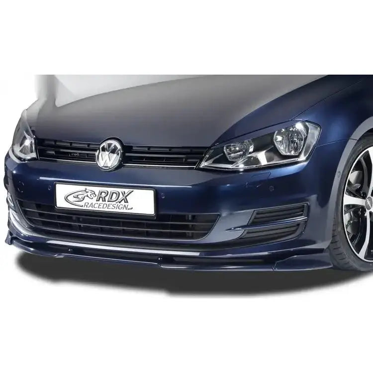Frontspoiler Volkswagen Golf 7 13-19 Vario X på mørkeblå bil sett forfra med sportslig grill og RDX-skilt.