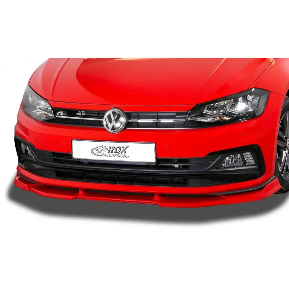 Frontspoiler Volkswagen Polo 2G 17- R-Line GTI Vario X montert på rød bil, sett forfra med grill og frontlys.