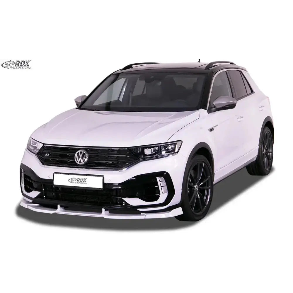 Frontleppe på Volkswagen T-Roc R 17- hvit SUV med svart tak, store felger og sportslig design.
