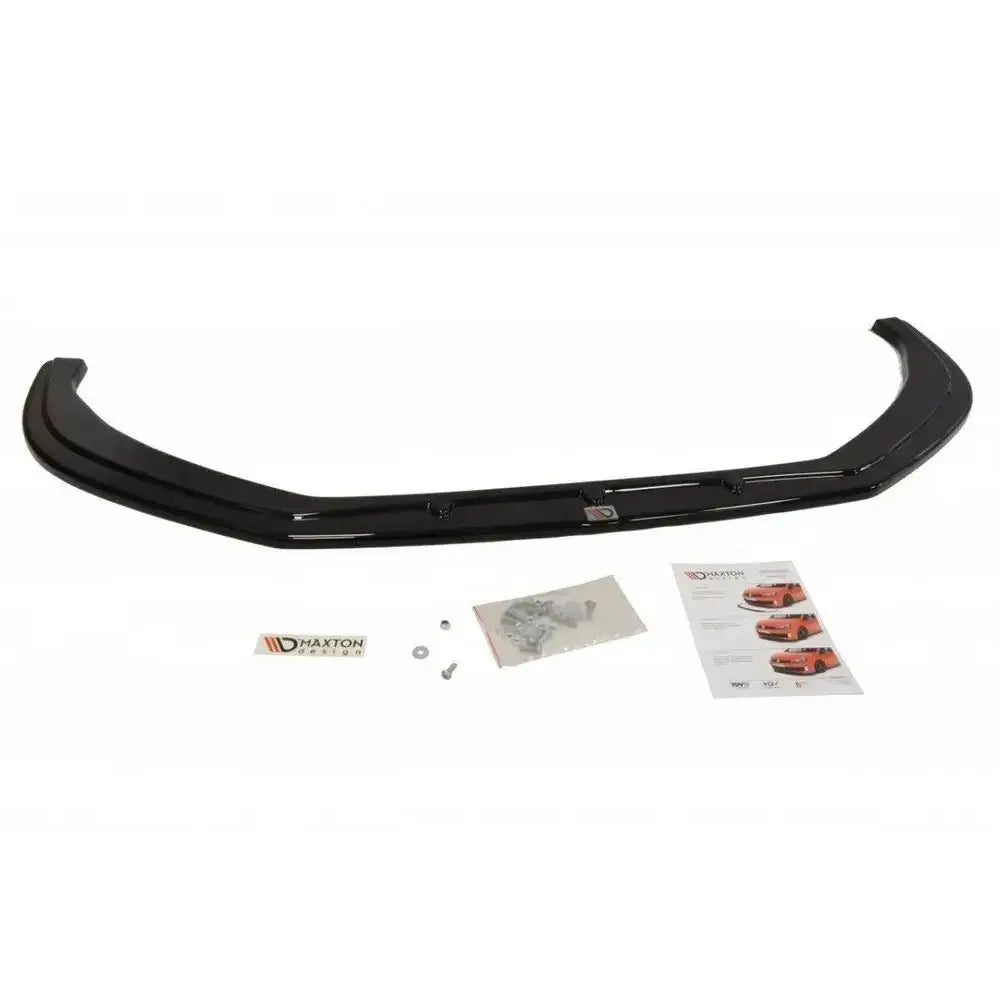 Front lip VW Passat CC R36 Rline sort frontsplitter sett ovenfra med skruer, instruksjonshefte og klistremerke.