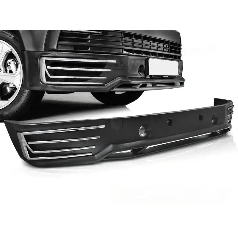 Frontspoiler VW T6 2015- Sport Style med sølvstriper, montert og separat, sett fra skrå front.