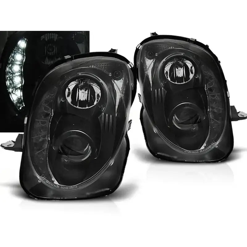 Frontlykter Alfa Romeo Mito 2008 Tru DRL Black med klare glass og hvite LED-lys langs kanten.