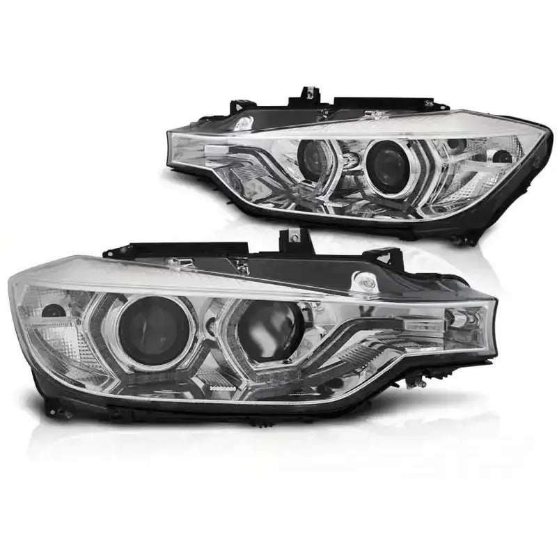 Frontlykter Angel Eyes Led DRL Chrome til BMW F30/F31 LCI med klare glass og sorte detaljer.