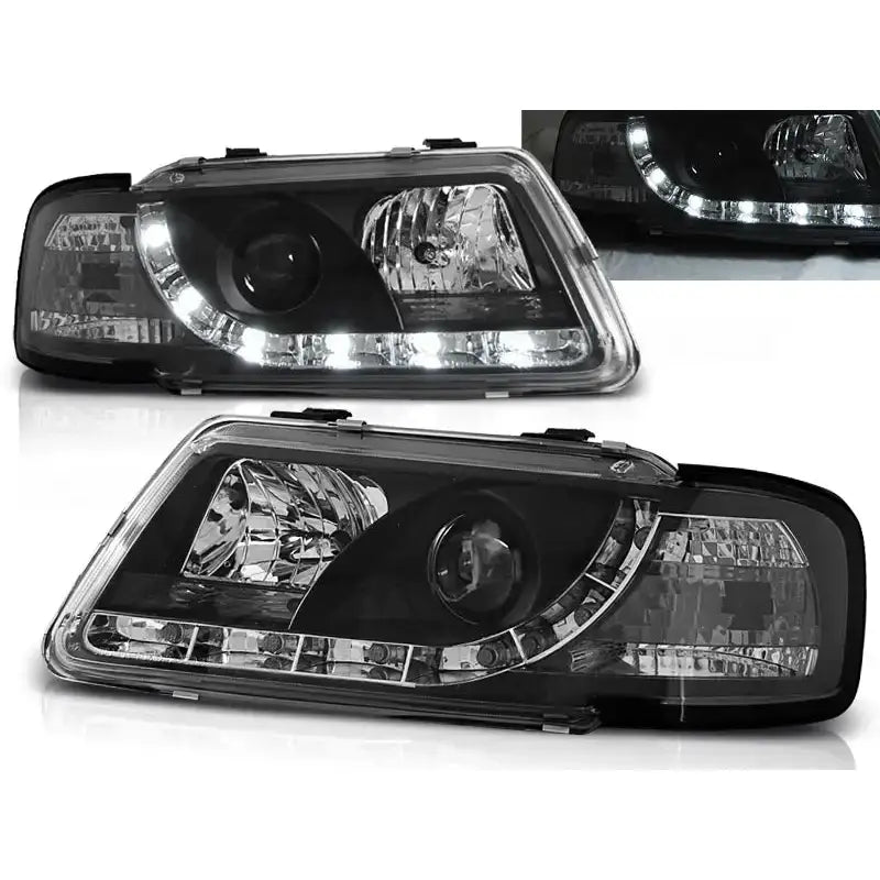 Frontlykter Audi A3 8L Tru DRL Black med LED-lysrekke, vist skrått forfra i sort og klar plast.