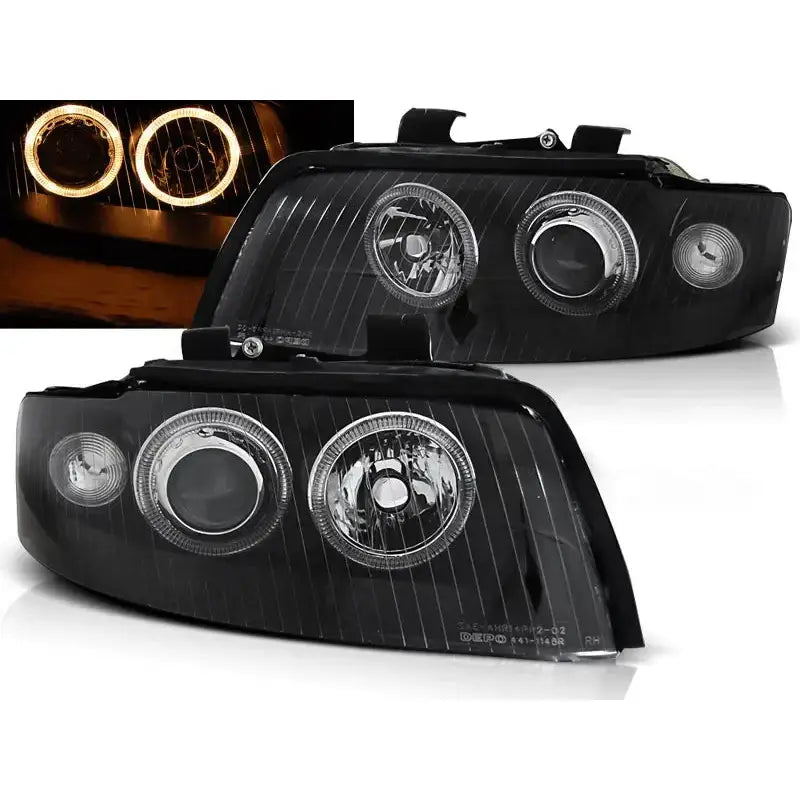 Frontlykter Audi A4 10.00-10.04 Angel Eyes Black D1S sett med svarte lykter og LED-ring.