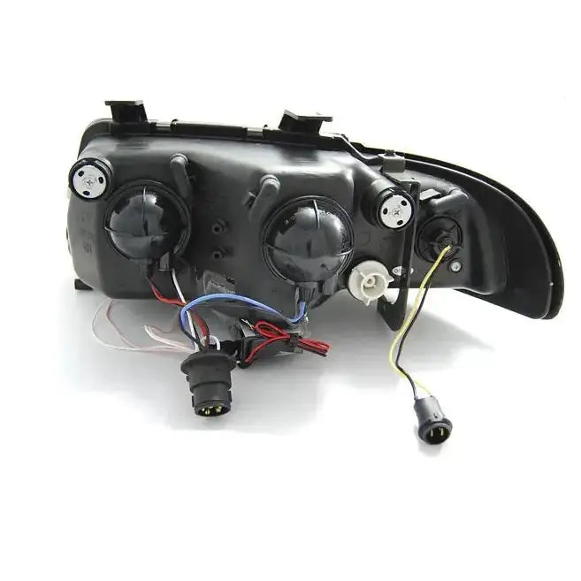 Headlights Audi A4 Angel Eyes CCFL Chrome sett bakfra med synlige ledninger og justeringsskruer.