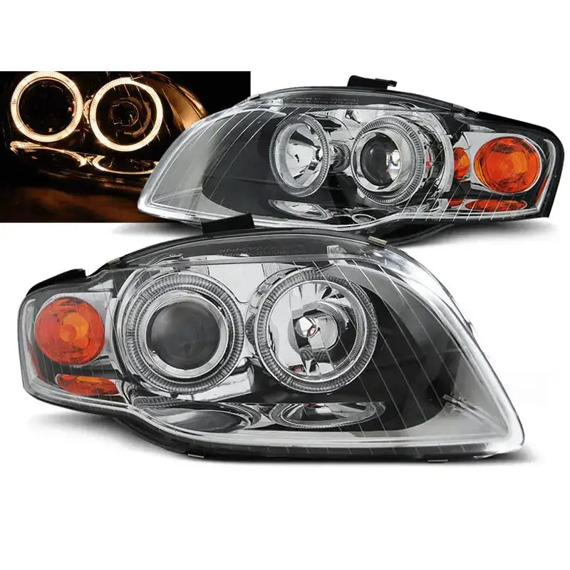 Frontlykter Audi A4 B7 Angel Eyes Chrome med LED-ringer og oransje markeringslys, sett fra skrå vinkel.