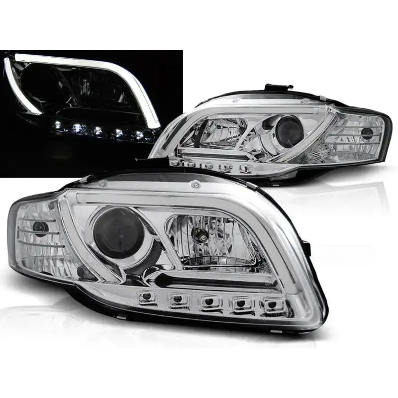 Frontlykter Audi A4 B7 med LED Tube Lights og kromdetaljer, sett fra skrå vinkel med nærbilde av lys.