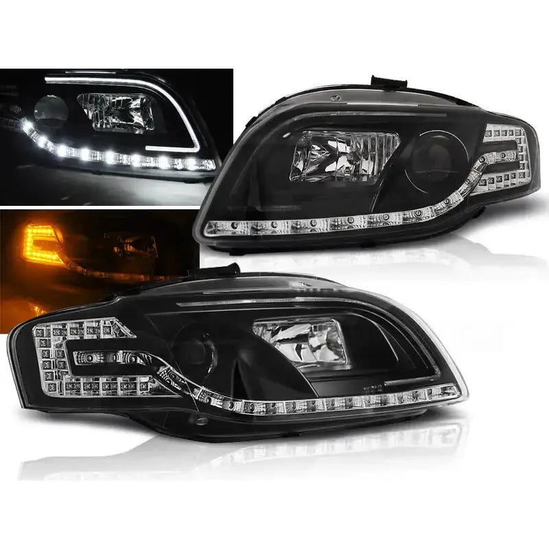 Frontlykter Audi A4 B7 LED Tube Lights Black med sort hus og klare linser, vist fra skrå vinkel.
