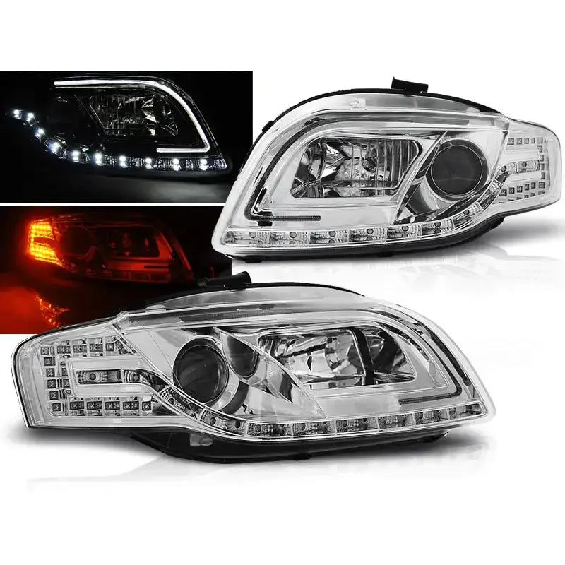 Frontlykter Audi A4 B7 LED Tube Lights Chrome sett fra skrå vinkel med tent LED i hjørnet.