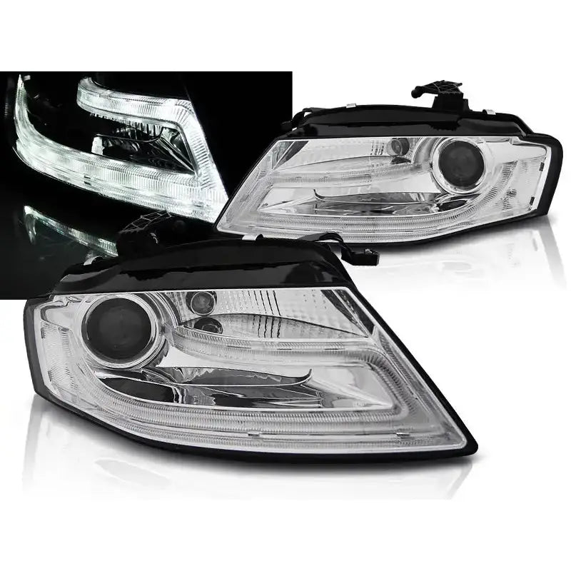 Frontlykter Audi A4 B8 Tru DRL Chrome med sorte detaljer og kraftige LED-lys, vist fra skrå vinkel.