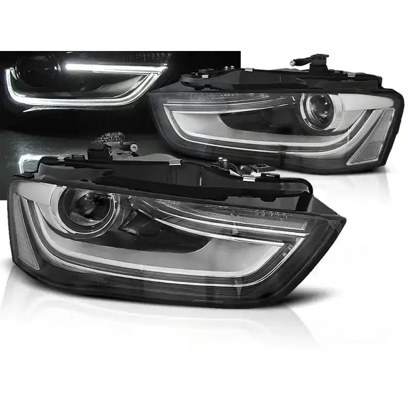 Frontlykter Audi A4 B8 12-15 Black Led med LED-lyslist og kromdetaljer, sett fra skrå vinkel.