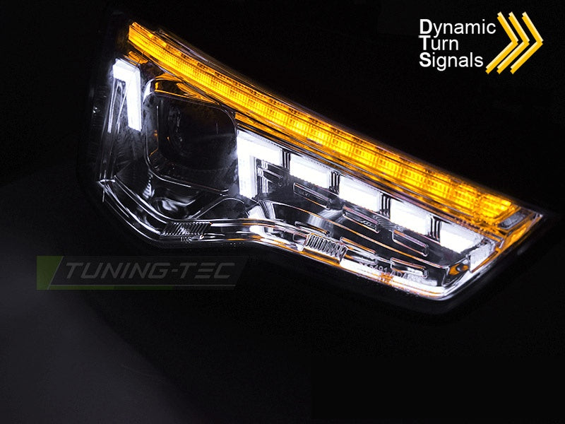 Detaljbilde av LED-projektor og krom reflektor på frontlykt til Audi A5 8T