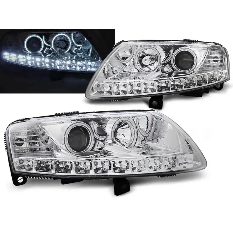 Frontlykter Audi A6 C6 Angel Eyes LED Chrome med klar plast, kromdetaljer og synlig LED-lysrekke.