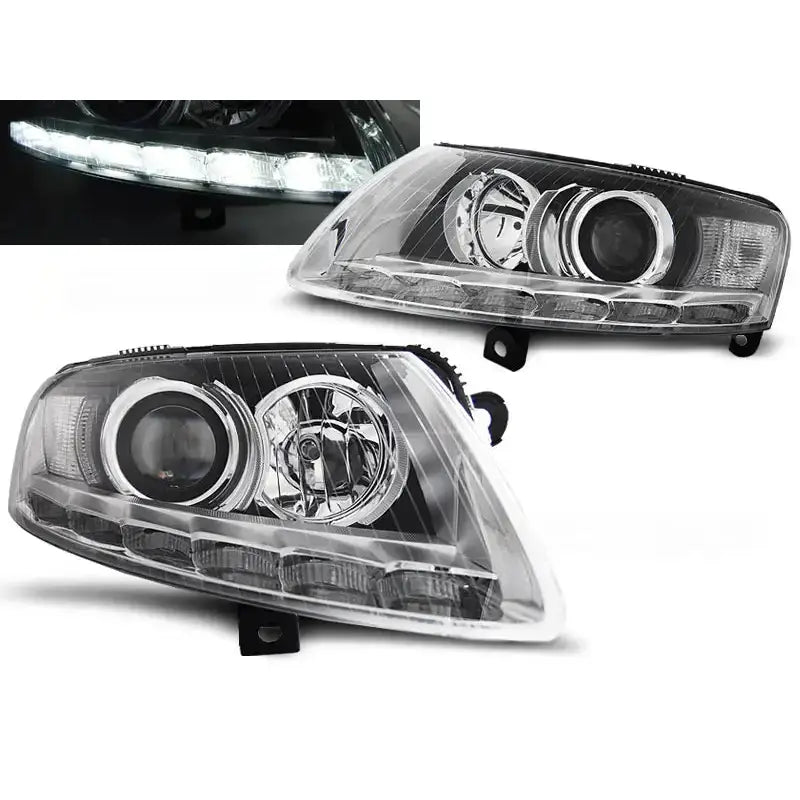 Frontlykter Audi A6 C6 Xenon Chrome Tru DRL sett fra skrå vinkel med tent LED-lys.