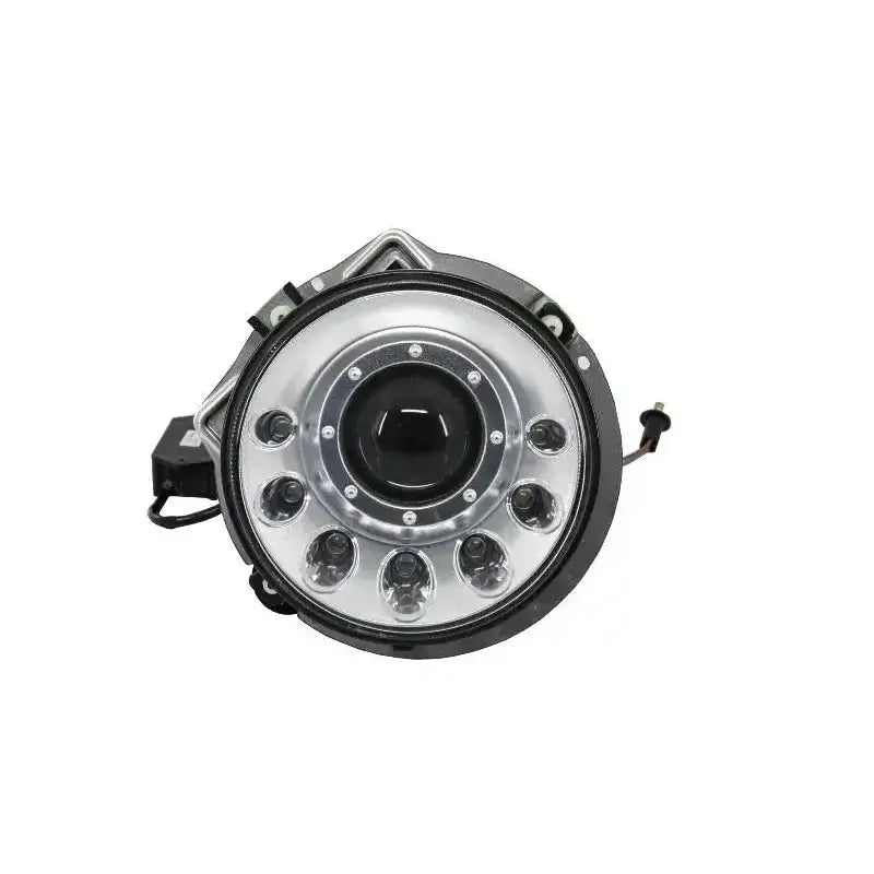 Hovedlys Bi-Xenon Mercedes G-Klasse med rund LED-lykt, sort og sølv ramme, sett forfra.