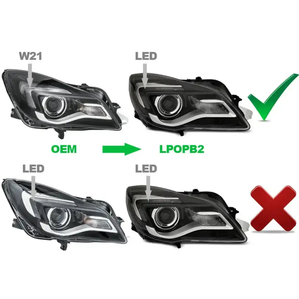 Headlights Black LED Opel Insignia 13-17 med riktige og gale kombinasjoner markert med symboler.