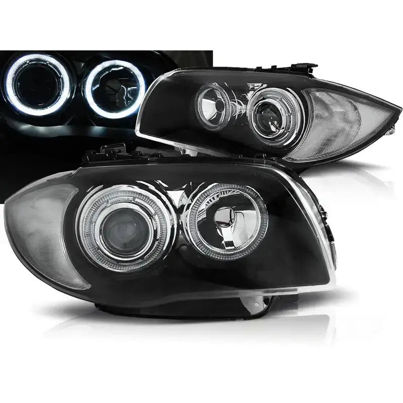 Frontlykter Bmw 1 E87/E81/82/88 med svarte detaljer og LED Halo-ringer, sett forfra.
