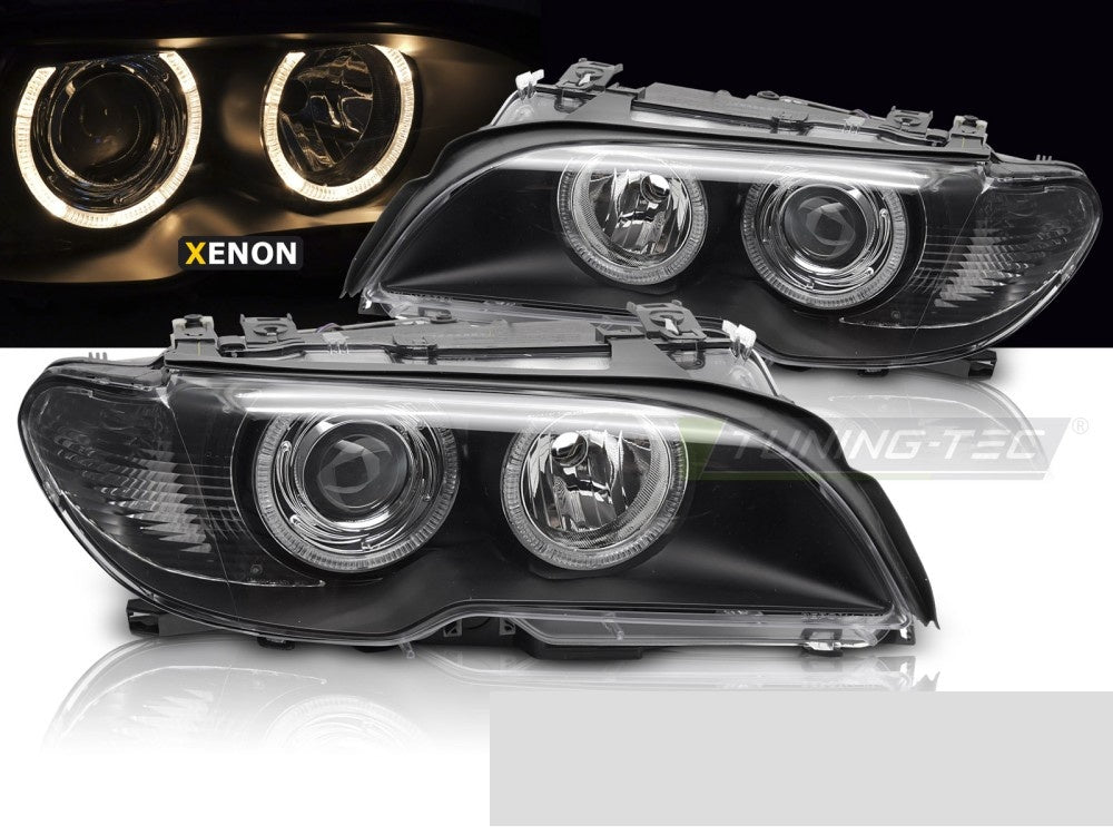 BMW E46 Coupe frontlykt med Angel Eyes-ringer og svart innvendig finish nærbilde