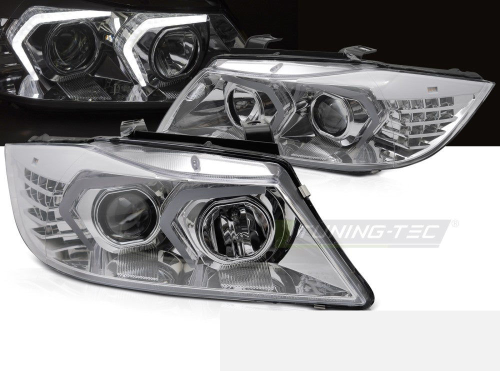 BMW 3-Serie E90 LED frontlykter krom reflektor nærbilde høyre side