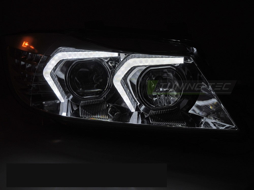 Krom frontlykter med LED til BMW E91 Touring 2005–2008 sett bakfra