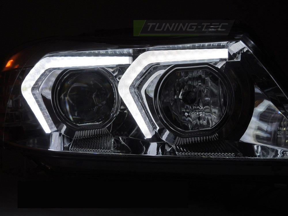 Komplett sett frontlykter LED krom BMW E90 E91 pre-facelift liggende