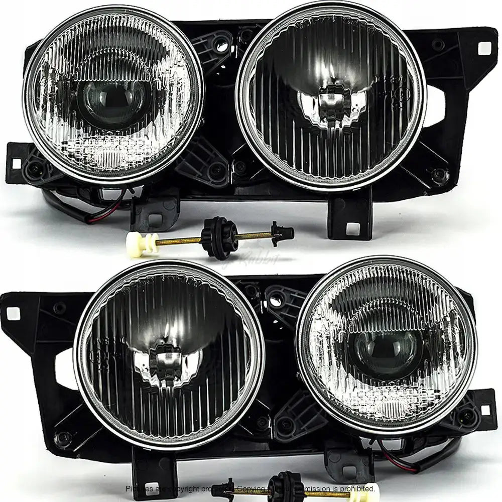 Frontlykter Bmw 5-serie E34, to runde lykter på sorte fester med justeringsverktøy foran.