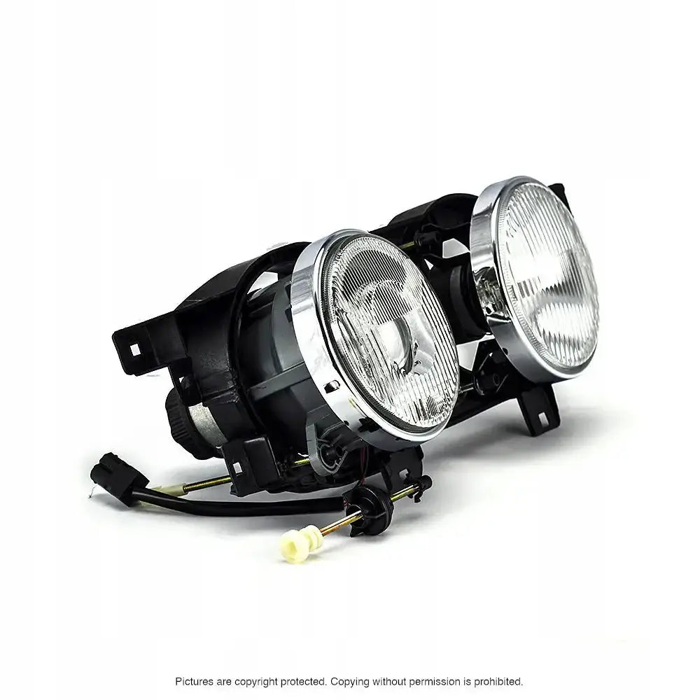 Headlights til BMW 5-serie E34, to runde lykter med klare glass og kromkanter i svart feste.