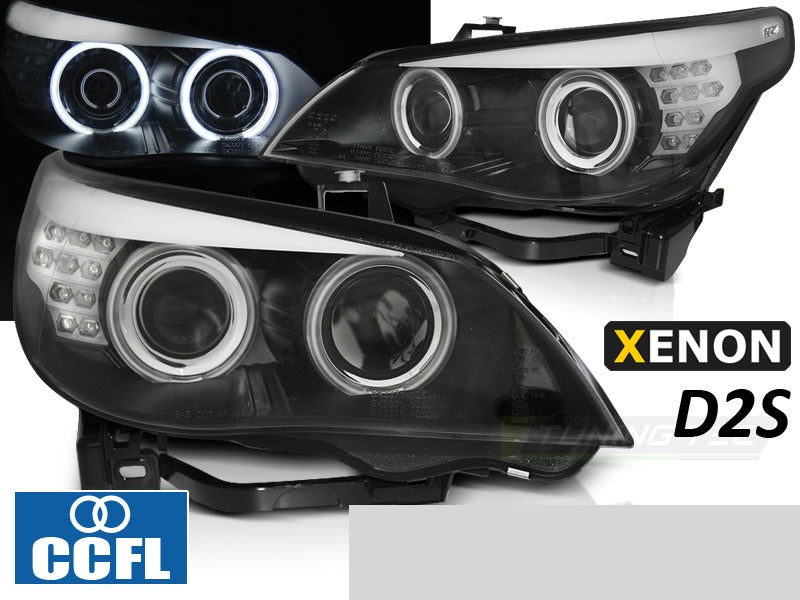 Frontlykter CCFL Angel Eyes svart hus BMW 5-Serie E60 E61 2003–2004 med LED blinklys sett forfra