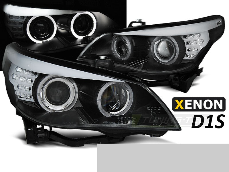 BMW E60 E61 frontlykter Angel Eyes svart finish LED indikator nærbilde av lyktesett