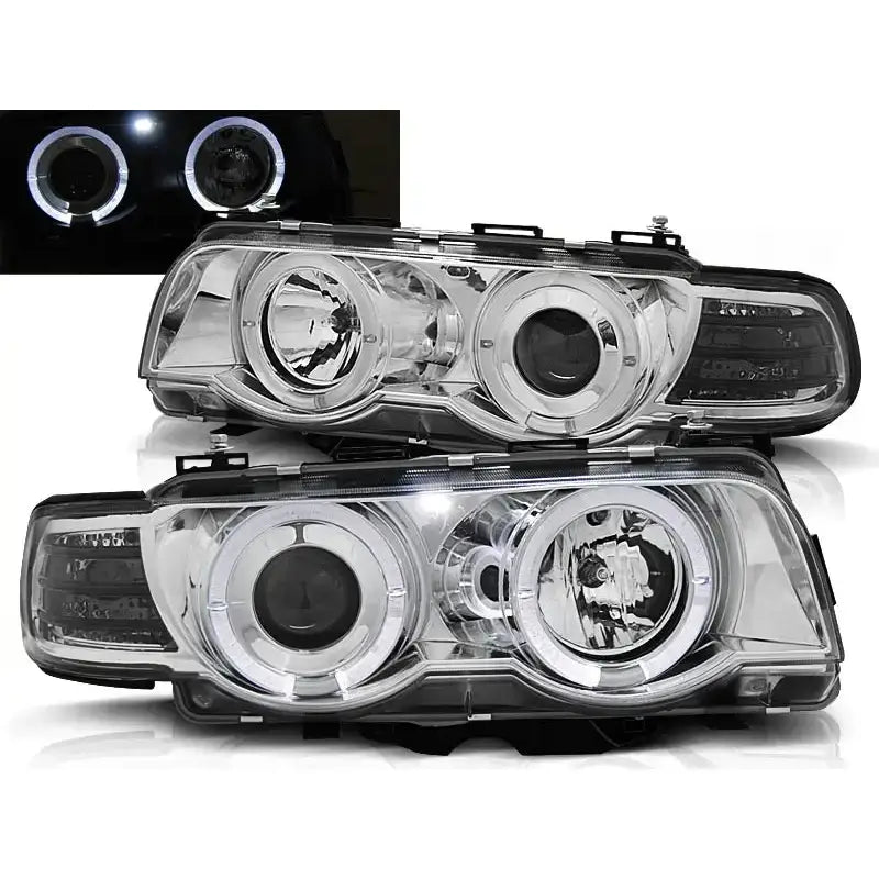 Frontlykter Bmw E38 Angel Eyes Chrome med doble runde projektorlinser og hvite LED-ringer.