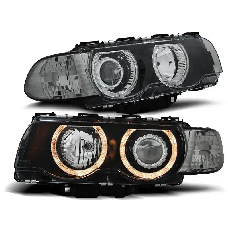 Hovedlykter Bmw E38 Angel Eyes Black med runde LED-lys og sort innfatning sett fra skrå vinkel.