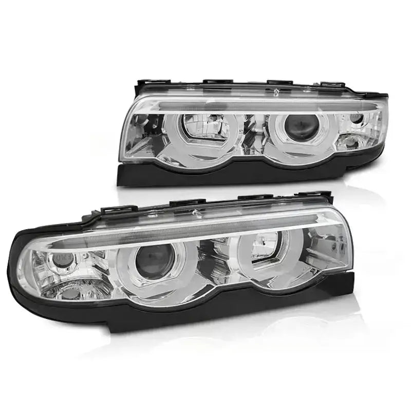 Frontlykter Bmw E38 94-01 3D Angel Eyes Led Chrome med klare glass og sorte kanter.