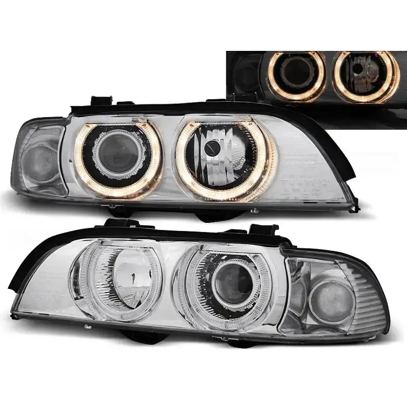Frontlykter Bmw E39 Angel Eyes D2S/H7 Chrome Xenon med LED-ringer og sorte detaljer sett forfra.