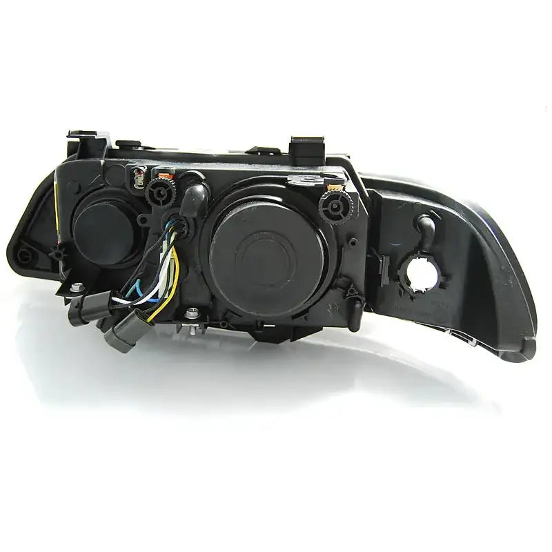 Headlights Bmw E39 Angel Eyes LED H7/H7 sett bakfra med synlige kontakter og deksler på hvit bakgrunn.
