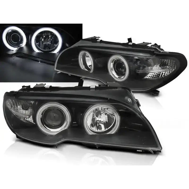 Frontlykter Bmw E46 04.03-06 Coupe Cabrio med svarte hus og Angel Eyes CCFL LED-ringer, sett forfra.