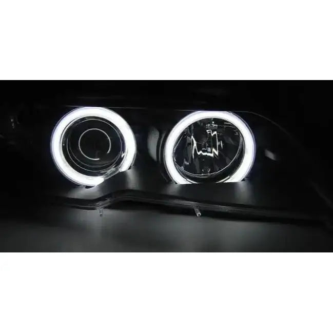 Hovedlys BMW E46 coupe cabrio angel eyes CCFL svart, to runde LED-lys med hvit glød foran.