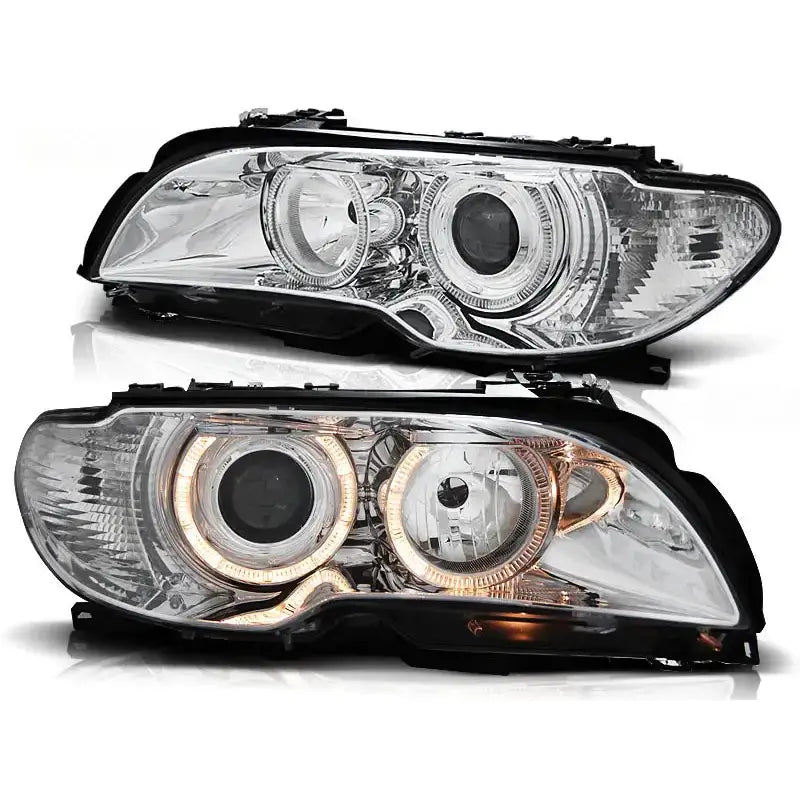 Frontlykter Bmw E46 Coupe Cabrio med Angel Eyes Chrome, sett forfra med opplyste LED-ringer.