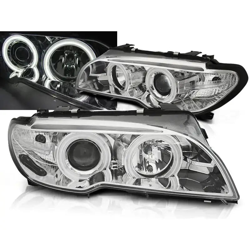 Frontlykter Bmw E46 04.03-06 Coupe Cabrio med sorte kanter og opplyste LED-halo-ringer.