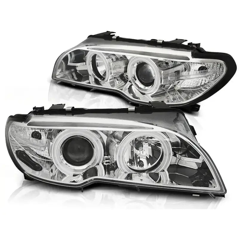Hovedlykter Bmw E46 04.03-06 Coupe Cabrio Angel Eyes Xenon med doble reflektorer og LED-lysbånd.