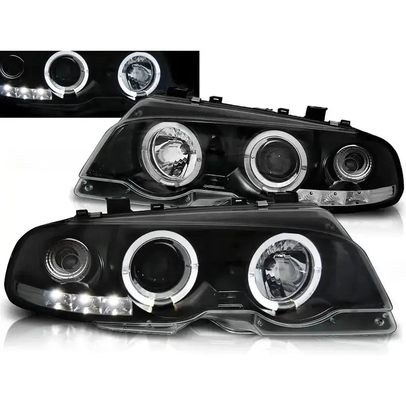 Frontlykter Bmw E46 Angel Eyes Black med LED-lysringer, sort plast og kromdetaljer, front- og skråvinkel.